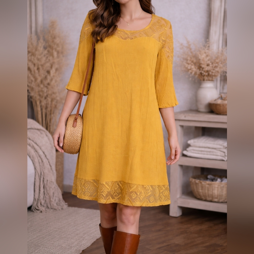 Mustard Yellow Lace-Trim Shift Dress